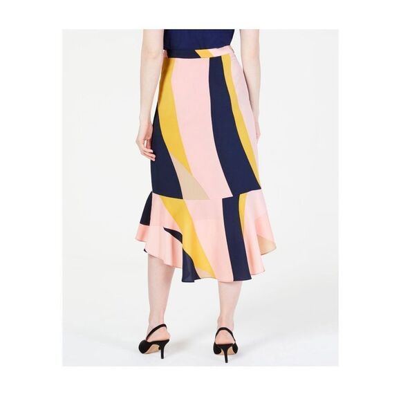 Bar III Women's Pink Abstract Geo Lava Ruffled Hi Low Midi Skirt Size 6 - Picture 2 of 9